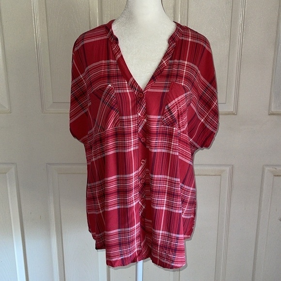 Torrid Red Plaid Challis Button Front Dolman Sleeve Top - Picture 3 of 7